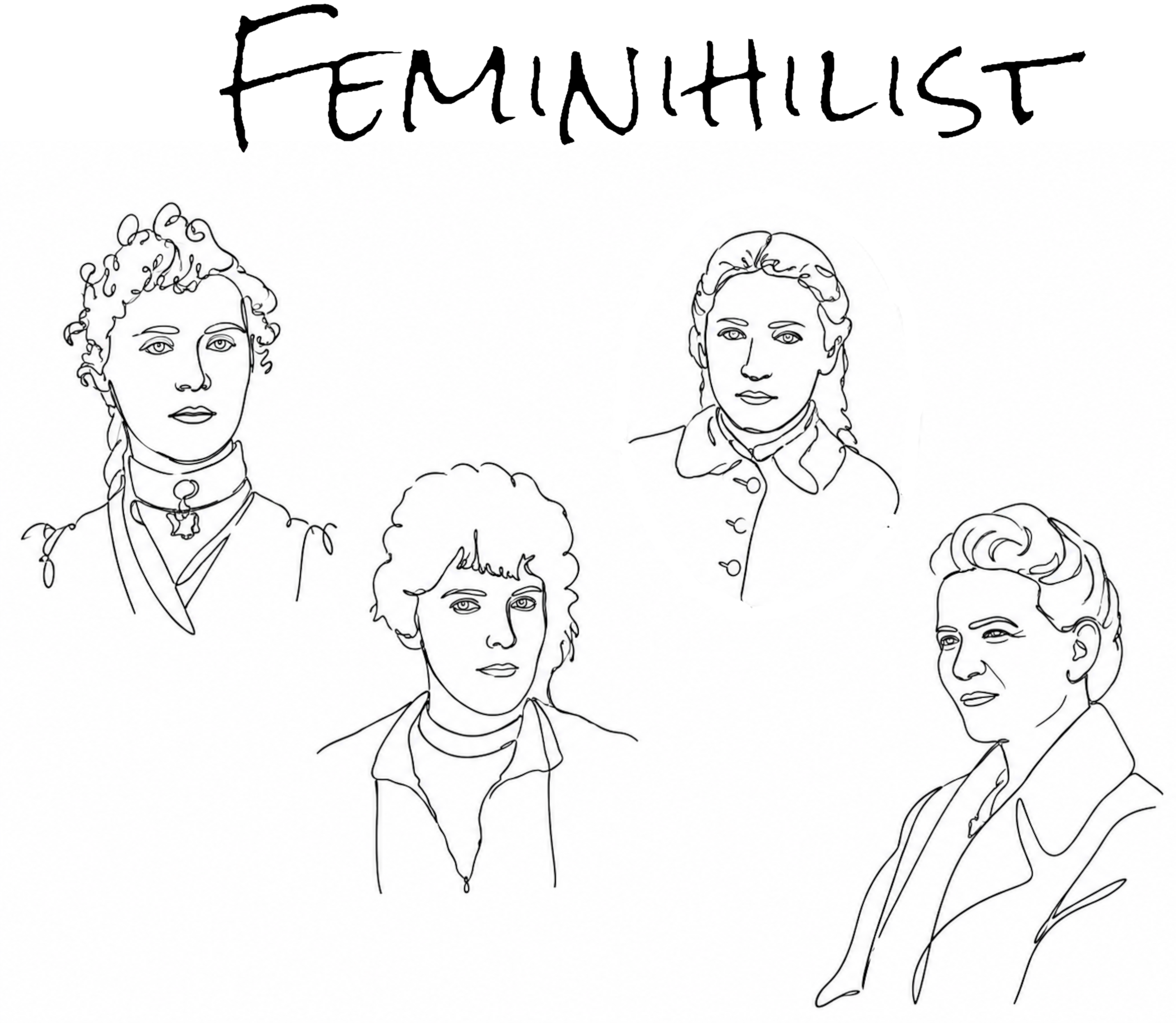 Four line-drawn portraits beneath the handwritten word FEMINIHILIST.